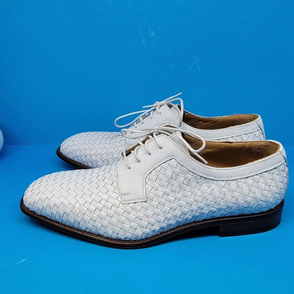 Paul Fredrick FPK 115D Mens White Leather Woven Derbys US 10 M Made In Italy EUC